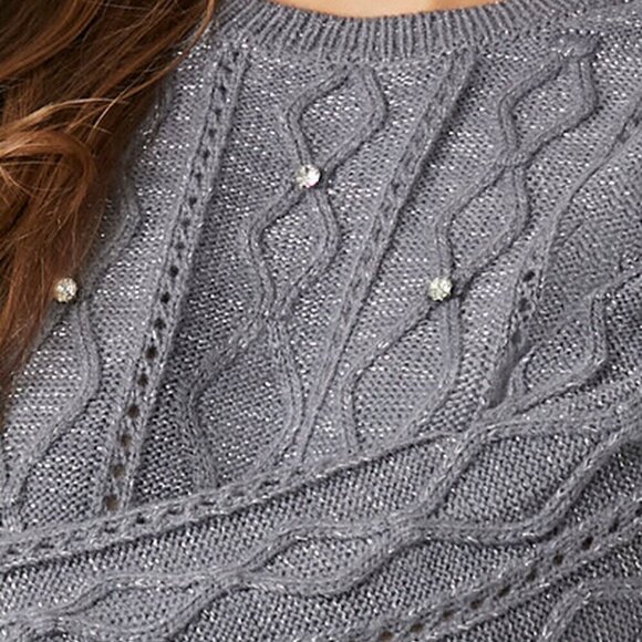 Small NWT Metallic Gray Forever 21 Rhinestone Cropped Cable Knit Sweater Top - Picture 5 of 5